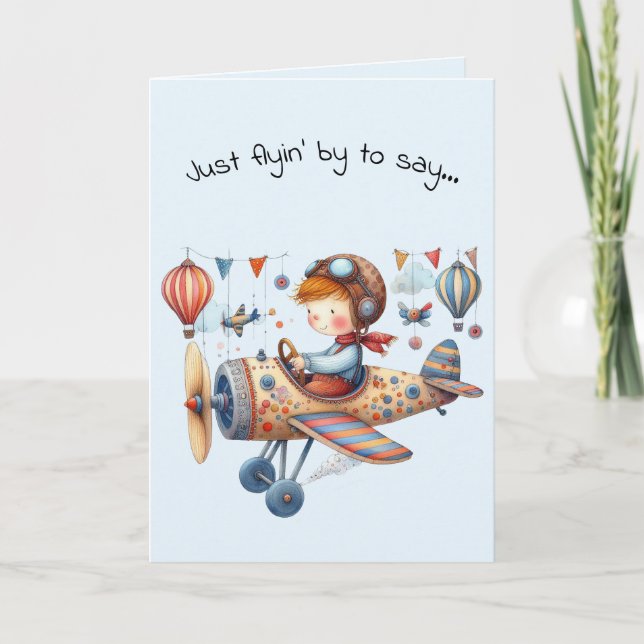 Hello Friendship Kid Flying Whimsical Plane Kort (Framsida)