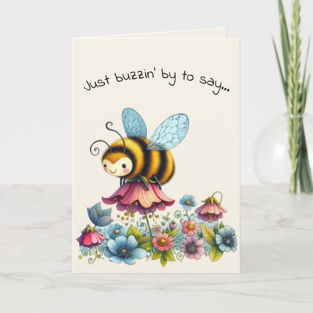 Hello Friendship Whimsical Bee and Flowers Kort (Framsida)