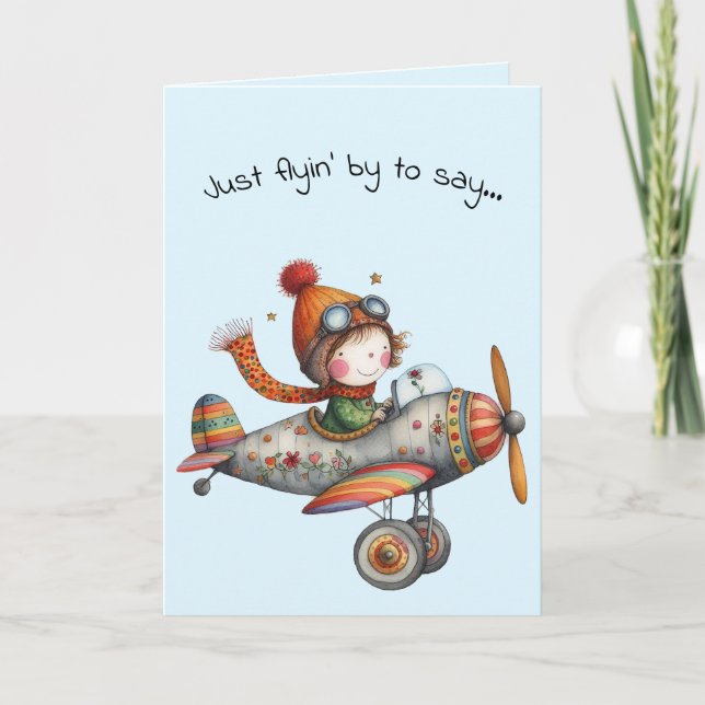 Hello Friendship Whimsical Kid Flying Plane Kort (Framsida)