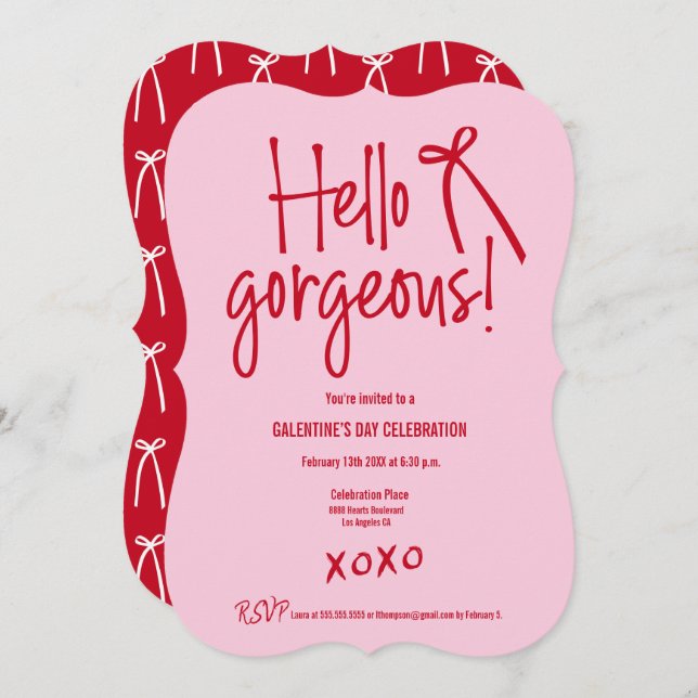 Hello Gorgeous bow Galentine’s Day Red and Pink  Inbjudningar (Fram/baksida)