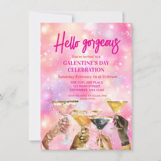 Hello Gorgeous Galentine's Day Glitter Pink Inbjudningar (Framsida)