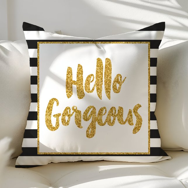 Hello Gorgeous Svart & Vitt Guld Glitter Ränder Kudde (Skapare uppladdad)