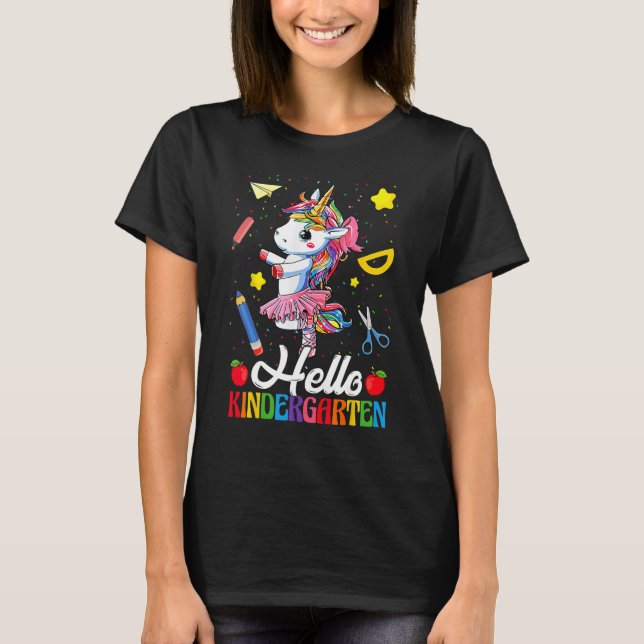 Hello Kindergarten Dancing Unicorn Student Back To T Shirt (Framsida)
