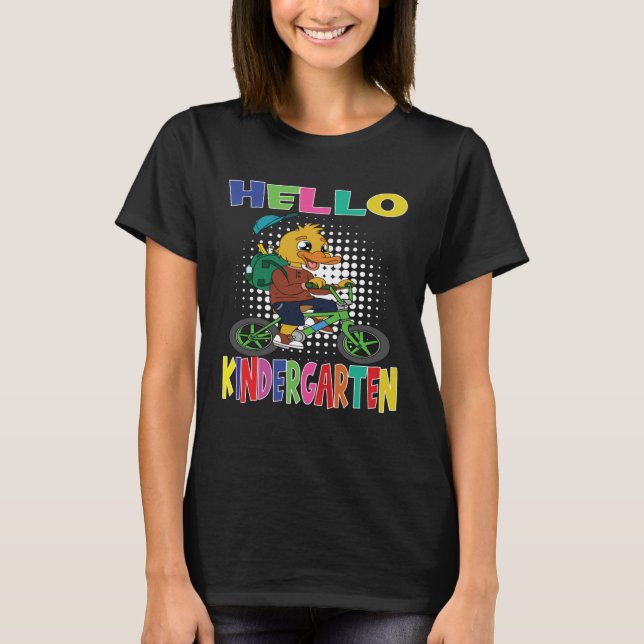 Hello Kindergarten Duck Riding A Bicycle T Shirt (Framsida)