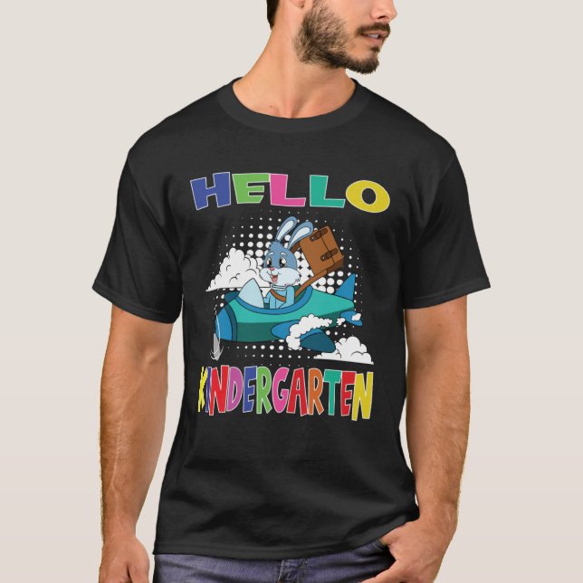 Hello Kindergarten Rabbit Flying Plane T Shirt (Framsida)