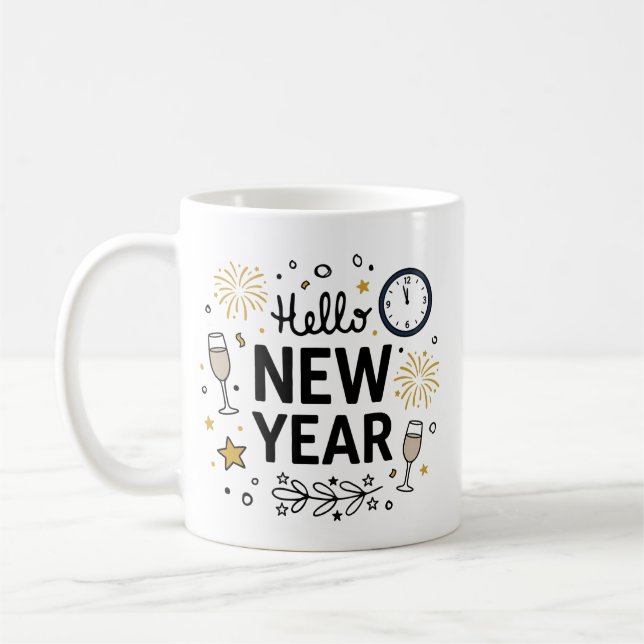 Hello New Year Cute Hand-Drawn Fireworks Mug Kaffemugg (Vänster)