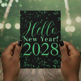 Hello New Year! Happy New Year Green Black Sparkle Julkort