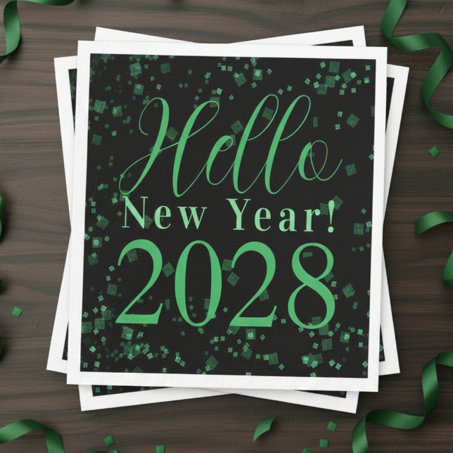 Hello New Year! New Year's Eve Green Black Sparkle Pappersservett (Skapare uppladdad)