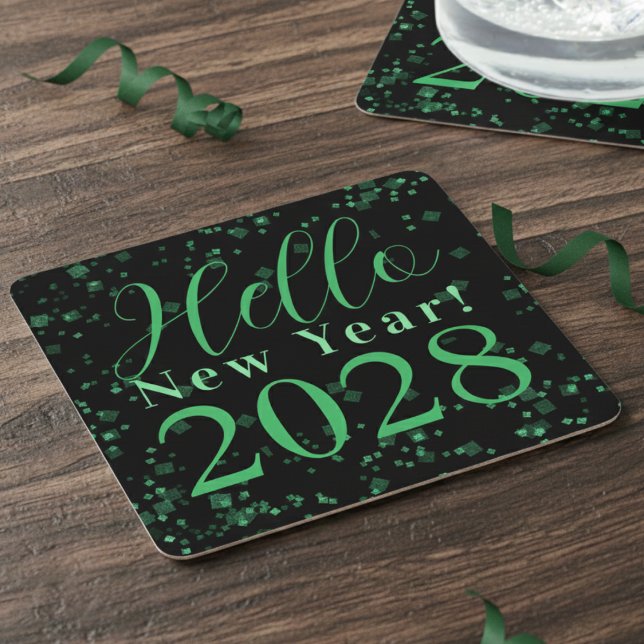 Hello New Year! New Year's Eve Green Black Sparkle Underlägg Papper Kvadrat (Skapare uppladdad)