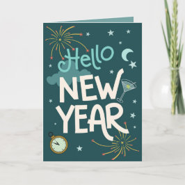 Hello New Year - Teal Festive New Years Celebr Kort