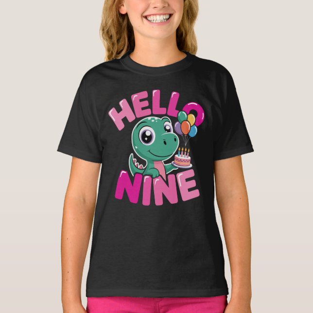 Hello Nine Dinosaur Birthday Girl Coquette Bow T Shirt (Framsida)