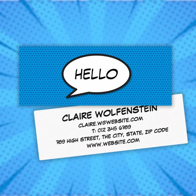HELLO Pratbubbla Kul Blå Tecknad Serie Mini Visitkort (HELLO Speech Bubble Fun Blue Comic Book Mini Business Card)