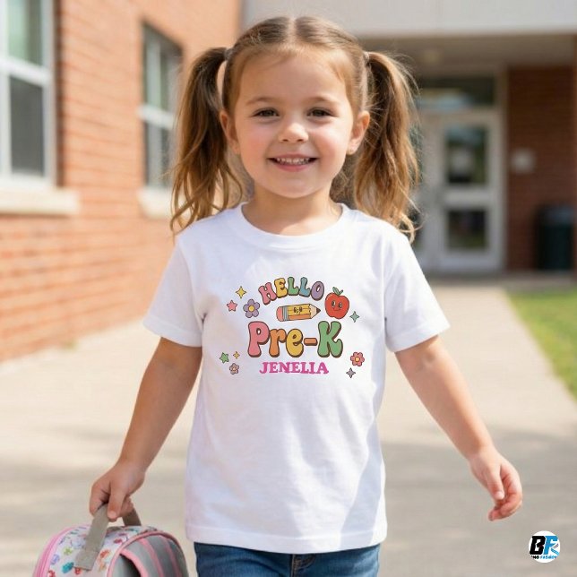 Hello Pre-K Retro Groovy Personalized Name Back To T Shirt (Skapare uppladdad)