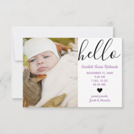 Hello Script Foto Lila - 3x5 Födelseannons Meddelande