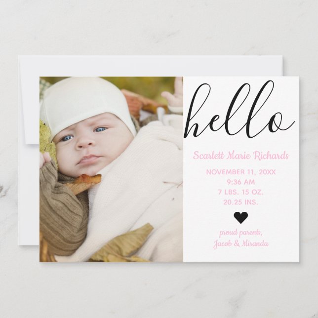 Hello Script Foto Rosa - Födelse Tillkännagivande Meddelande (Framsida)