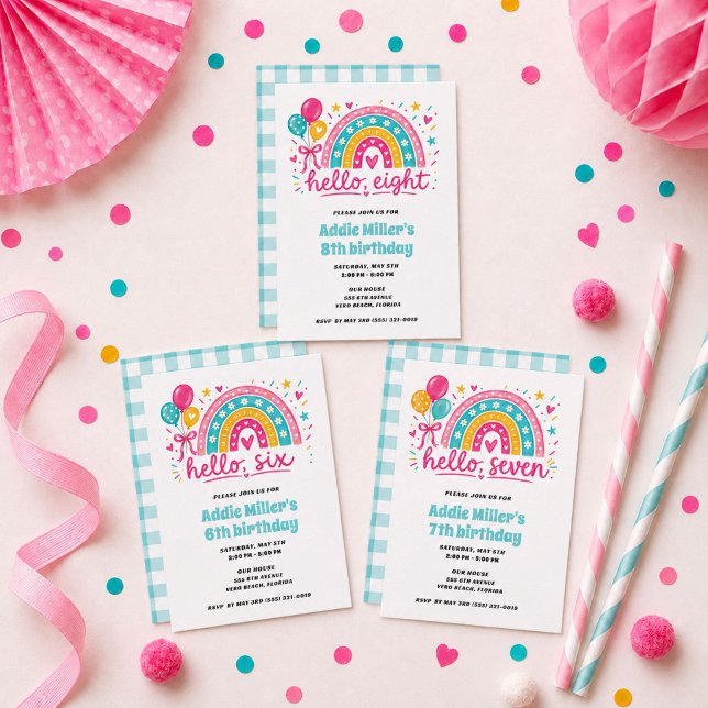 Hello Six Flickas Rainbow 6-årsfest  Inbjudningar (Hello Six Girl's Rainbow 6th Birthday Party Invitation)