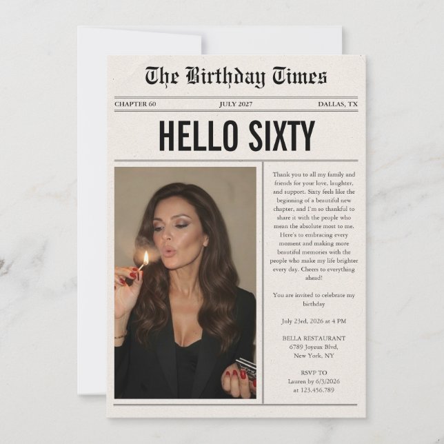 Hello Sixty Foto Tidning 60-årsdag Inbjudningar (Framsida)