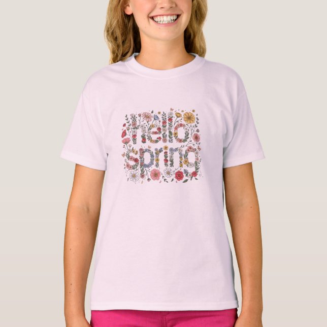 Hello Spring – Floral Lettering Design T Shirt (Framsida)