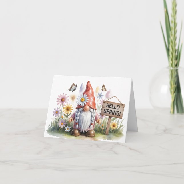 Hello Spring Garden Gnome: Cute Gnome with Braids Anteckningskort (Framsida)