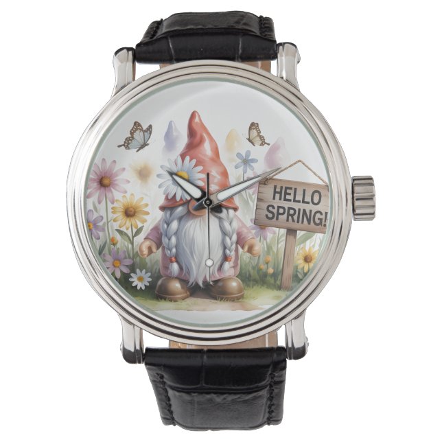 Hello Spring Garden Gnome: Cute Gnome with Braids Armbandsur (Framsida)