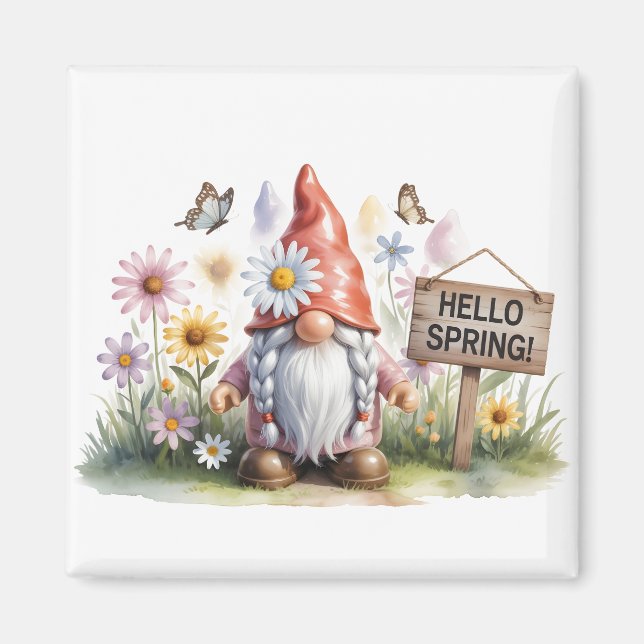 Hello Spring Garden Gnome: Cute Gnome with Braids Magnet (Framsidan)