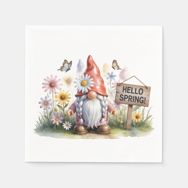 Hello Spring Garden Gnome: Cute Gnome with Braids Pappersservett (Framsidan)