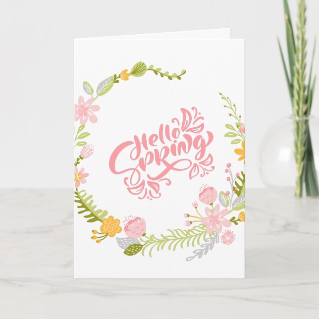 Hello Spring Greeting Card Floral Wreath Kort (Framsida)