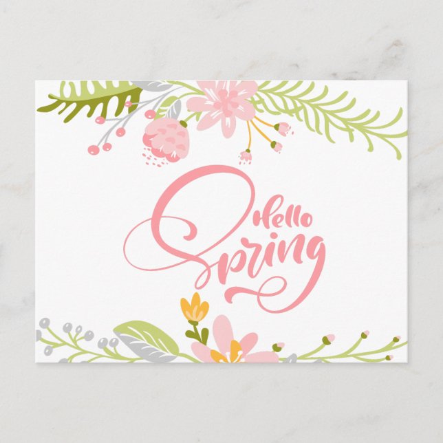 Hello Spring Pink Floral Greeting Card Vykort (Framsida)