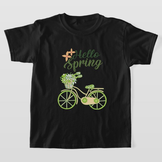 Hello Spring Vintage Bicycle Illustration  T Shirt (Laydown)