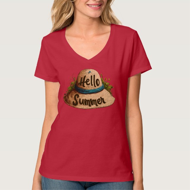 Hello Summer Beach Hat T-Shirt – Dam Blå (Framsida)