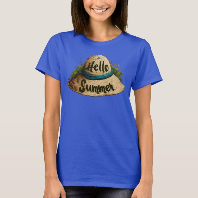 Hello Summer Beach Hat T-Shirt – Dam Blå (Framsida)