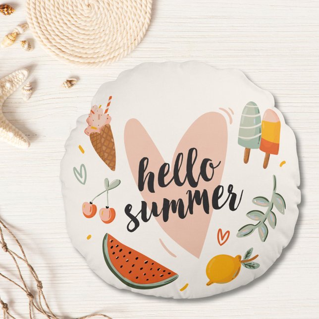 Hello Summer Citat Färgglad Söt Barnkammare Barn Rund Kudde (In situ)