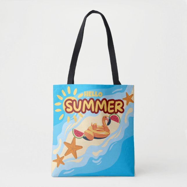 Hello Summer Flamingo Beach Tote Bag Tygkasse (Framsida)