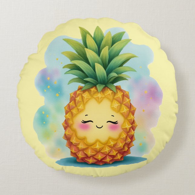 Hello Summer Happy Pineapple Round Pillow Rund Kudde (Framsidan)