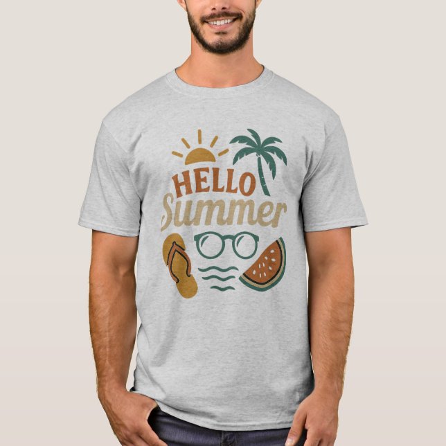 Hello Summer Retro Beach Shirt | Palm Tree & Water T (Framsida)