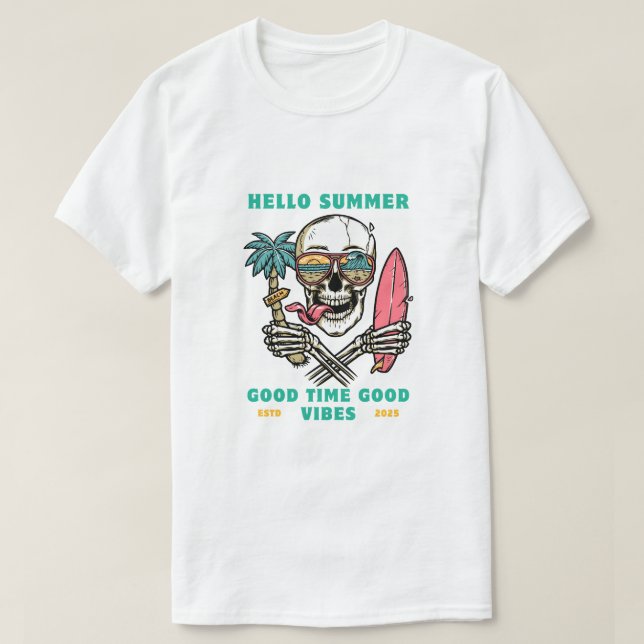 "Hello Summer – Skull Surfer Good Vibes" T Shirt (Design framsida)