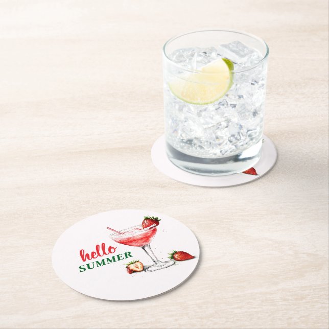 Hello Summer | Strawberry Cocktail Paper Coaster Underlägg Papper Rund (Insitu)