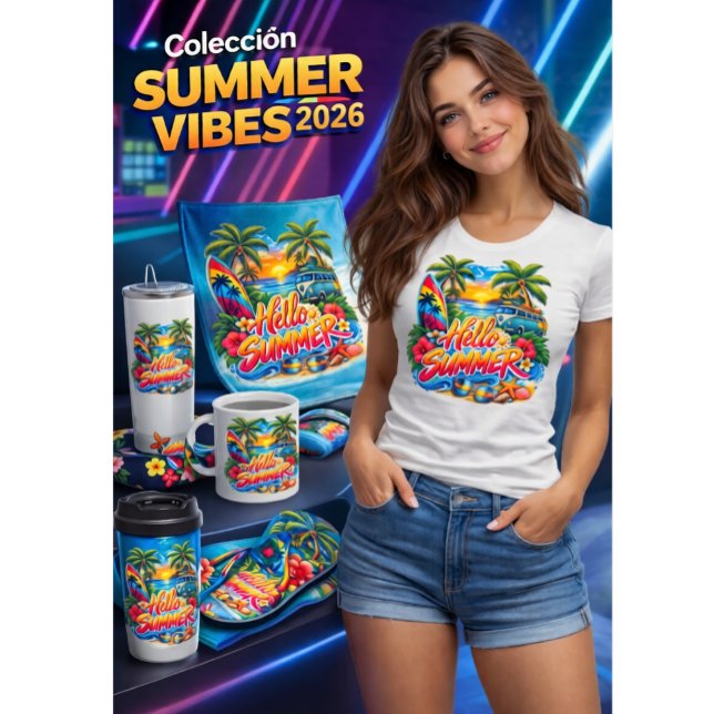 Hello Summer  T Shirt (Un verano lleno de color, olas y buena vibra: la esencia tropical que invita a disfrutar cada moment)