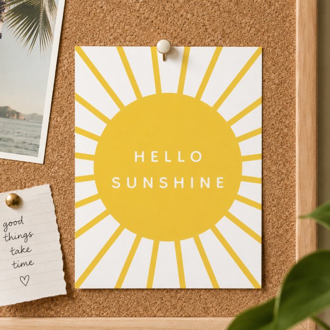 Hello Sunshine Postkort | Solstråle Positivt Medde Vykort (Hello Sunshine postcard with bold yellow sunburst artwork for happy mail and cheerful decor.)