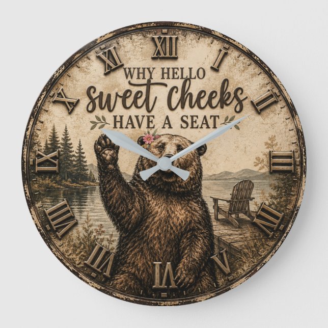Hello Sweet Cheeks Rustic Bear Funny Lake Cabin Stor Klocka (Framsida)