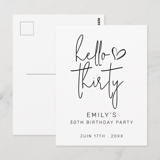 Hello Thirty Födelsedag Minimal Svart Vit Modern Vykort (Fram/baksida)