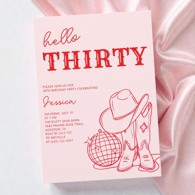 Hello Thirty Pink Western 30th Birthday Party Inbjudningar (Hello Thirty Pink Western 30th Birthday Party Invitation)