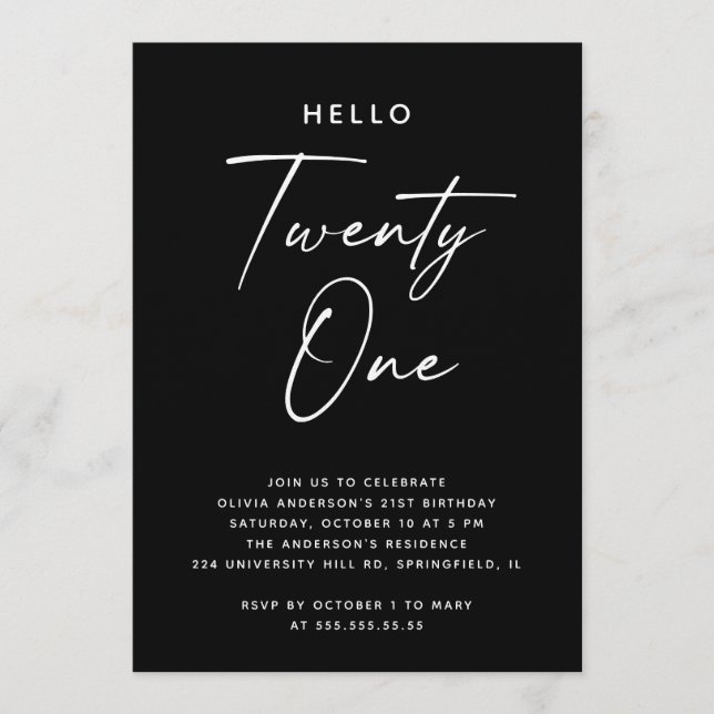 Hello Twenty One | Black Minimalist 21st Birthday Inbjudningar (Framsida)