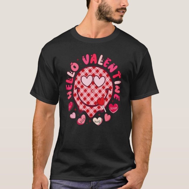 Hello Valentine Happy Face Heart Valentine's Day L T Shirt (Framsida)