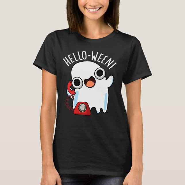 Hello-ween Funny Ghost Pun Dark BG T Shirt (Framsida)