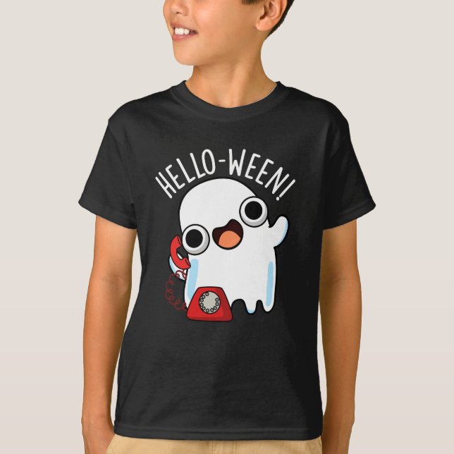 Hello-ween Funny Ghost Pun Dark BG T Shirt (Framsida)