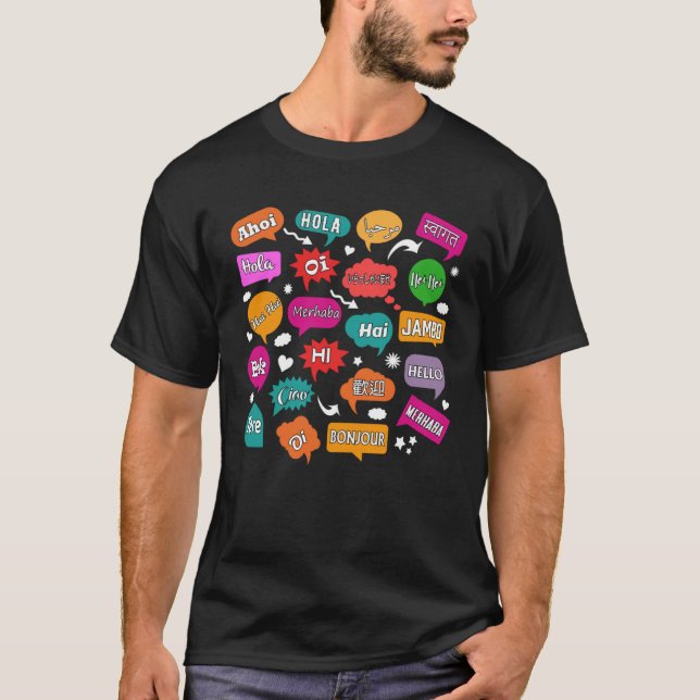 Hello Word in Different Languages Teacher Language T Shirt (Framsida)