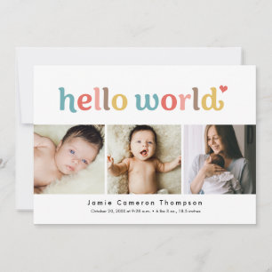 Hello World Babyfoton Färgglad Bebis Shower Födels Tack Kort