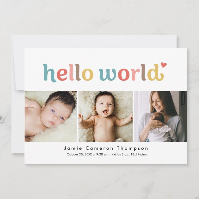 Hello World Babyfoton Färgglad Bebis Shower Födels Tack Kort (Framsida)
