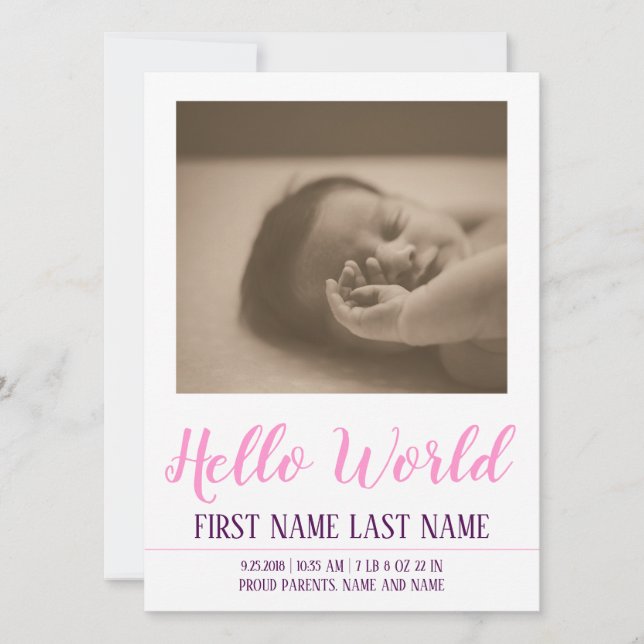 Hello World - födelseannons med foto (Framsida)